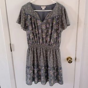 Ariat lavender grey dress with purple and pink floral print, ruffle and lace
